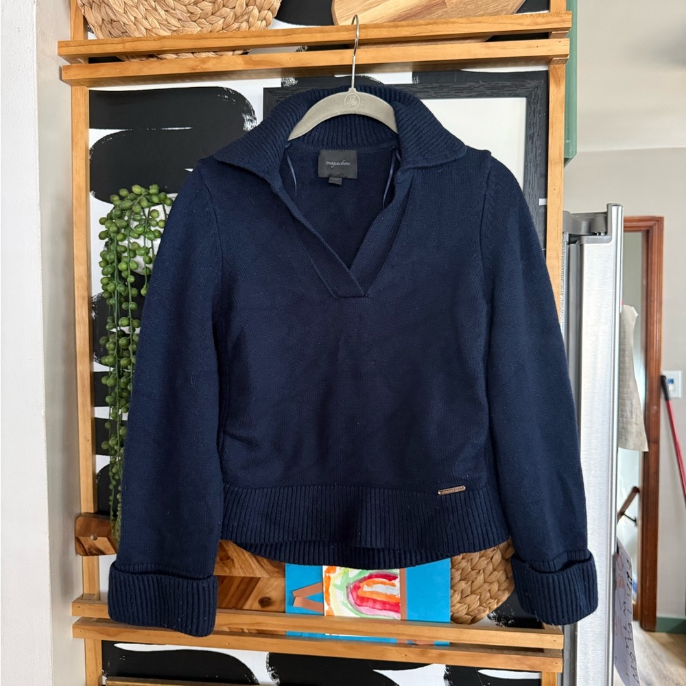 Magaschoni Navy Polo Collar Pullover Sweater | Ribbed Hem | Size S